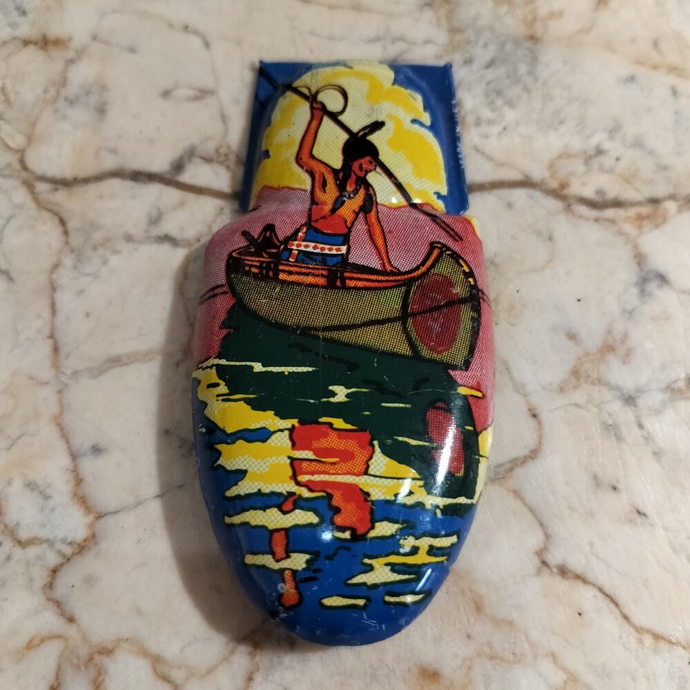 Vintage Kirchhoff Tin Clicker Noisemaker Native American Fishing 4"
